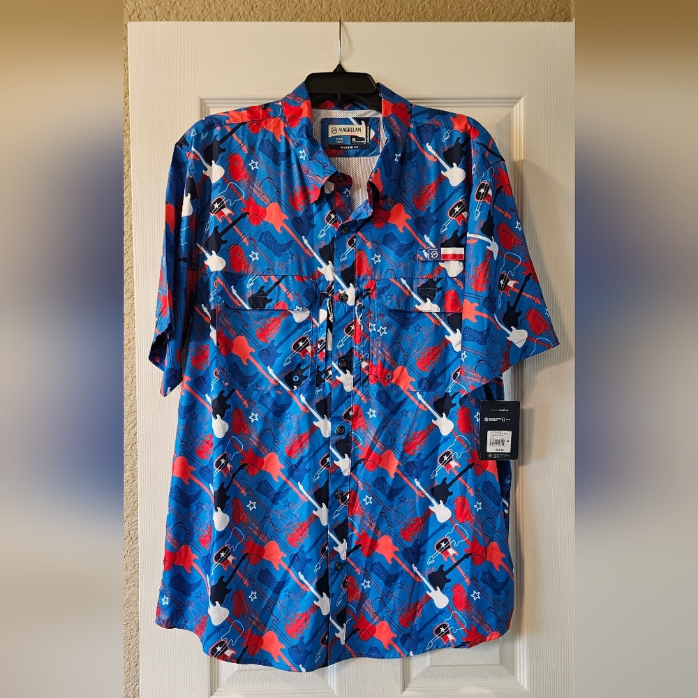 Men's Blue and Red Guitar Print Shirt